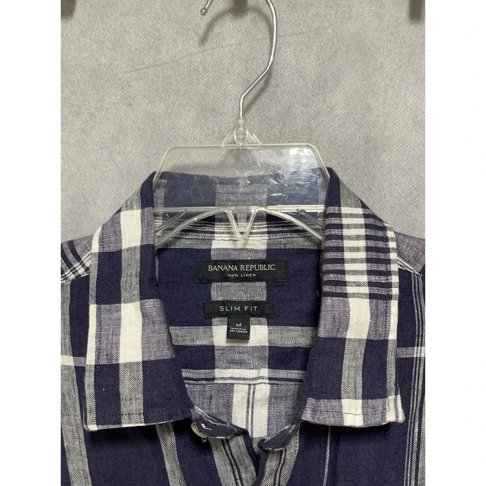 Banana Republic Shirt Men M Blue Plaid Linen Slim Button Up‎ Academia Vacation